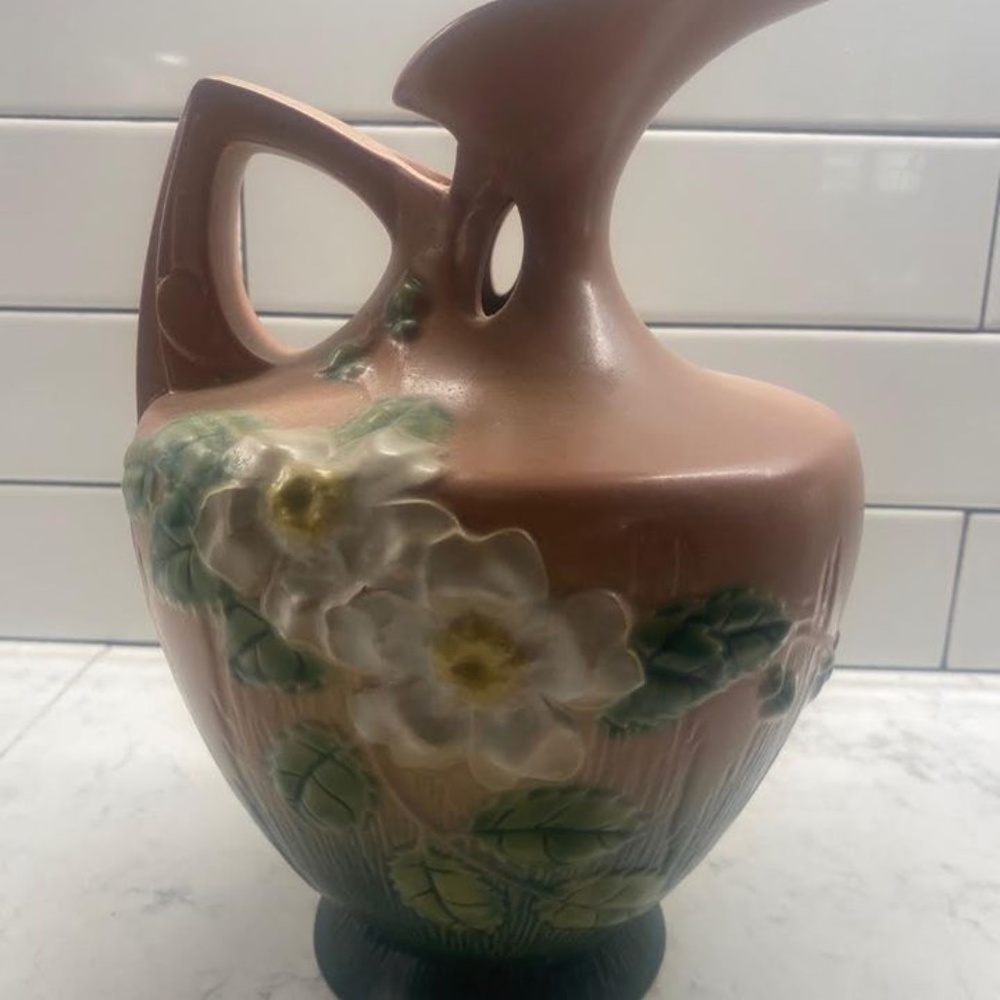 Roseville Pottery #990-10, White Rose Ewer